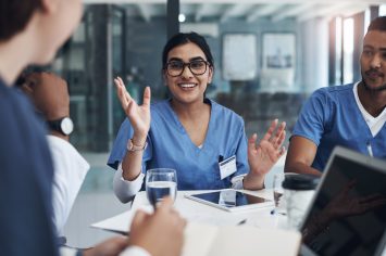 Meeting, internship and team of doctors in office for medical treatment, diagnosis or surgery plan in clinic. Discussion, collaboration and surgeon with group of healthcare students learn in hospital.