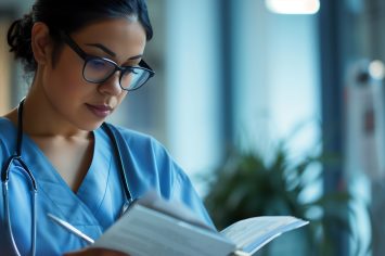 A woman wearing scrubs is engrossed in reading a book.